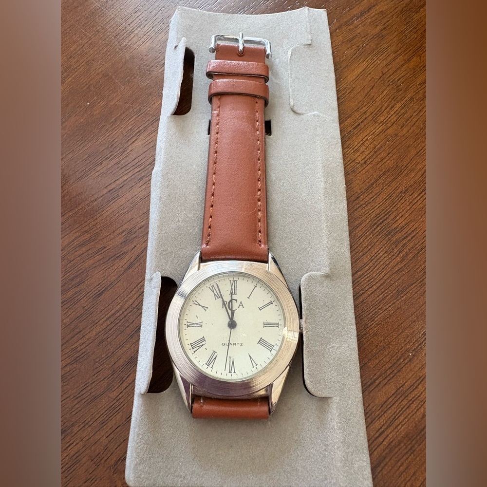 Vintage PCA Quartz Watch Roman Dial With Brown Leather Strap NEW & NEW Battery